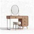 Coiffeuse en bois clair avec miroir rond et tabouret rembourré 100 x 45 x 75cm