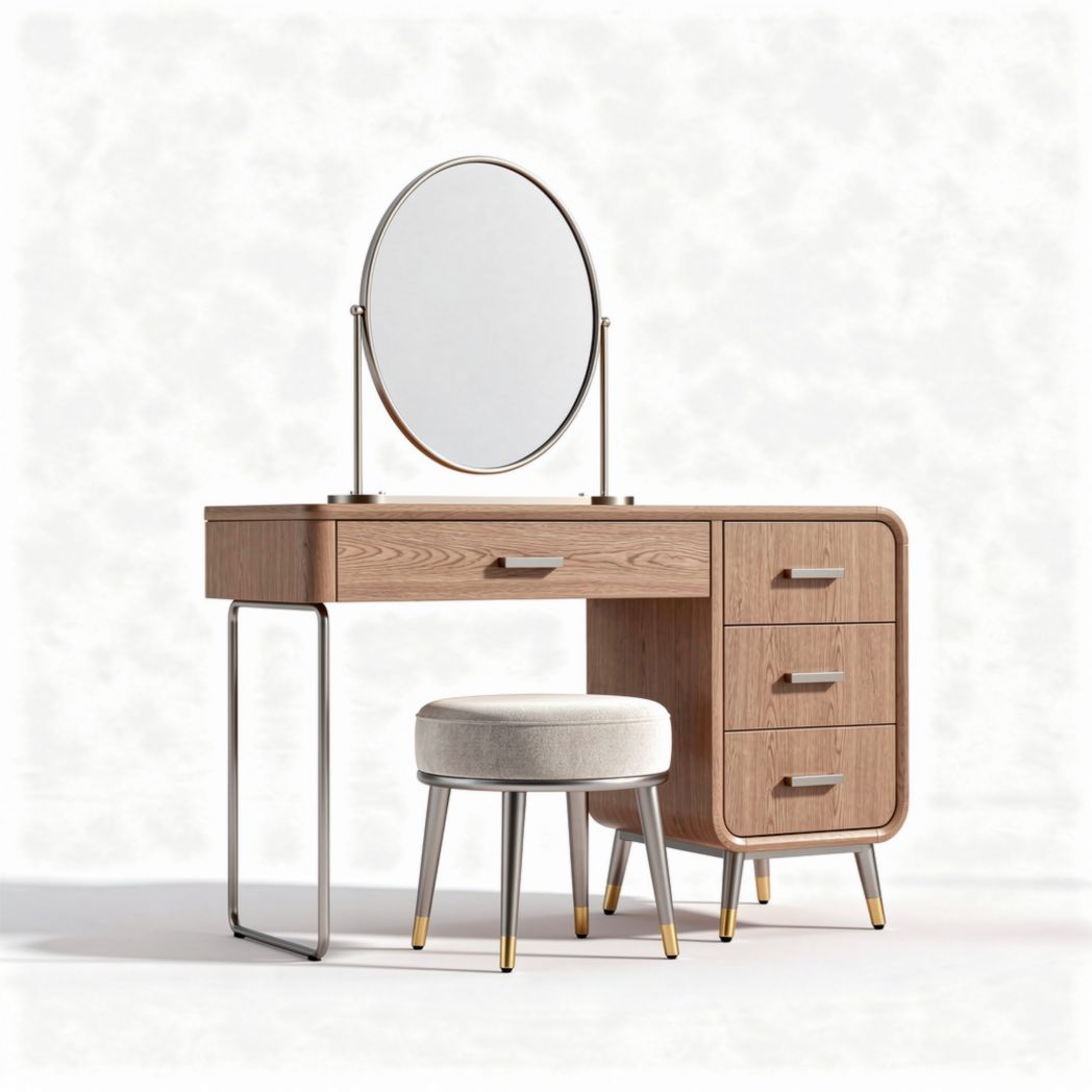Coiffeuse en bois clair avec miroir rond et tabouret rembourré 100 x 45 x 75cm