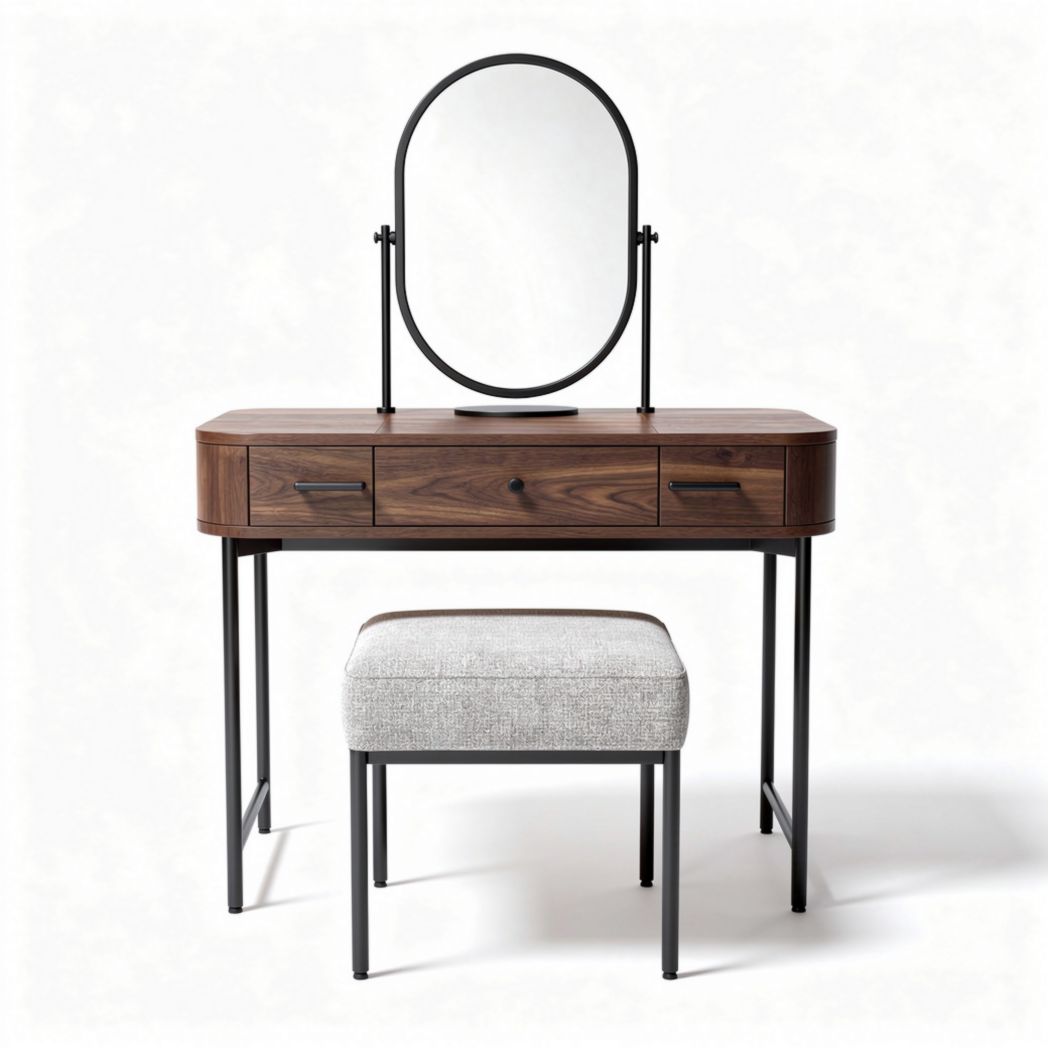 Coiffeuse en bois avec miroir ovale et tabouret en tissu gris 100 x 45 x 75cm