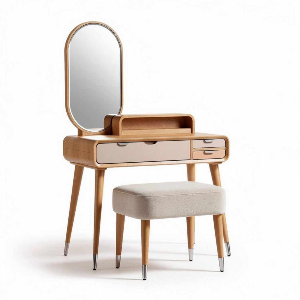Coiffeuse en bois avec miroir et pouf rembourré 90 x 40 x 75cm