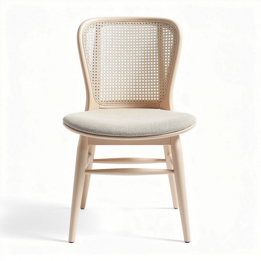 Chaise en bois avec assise rembourrée en tissu beige et dossier en cannage 45 x 45 x 80cm