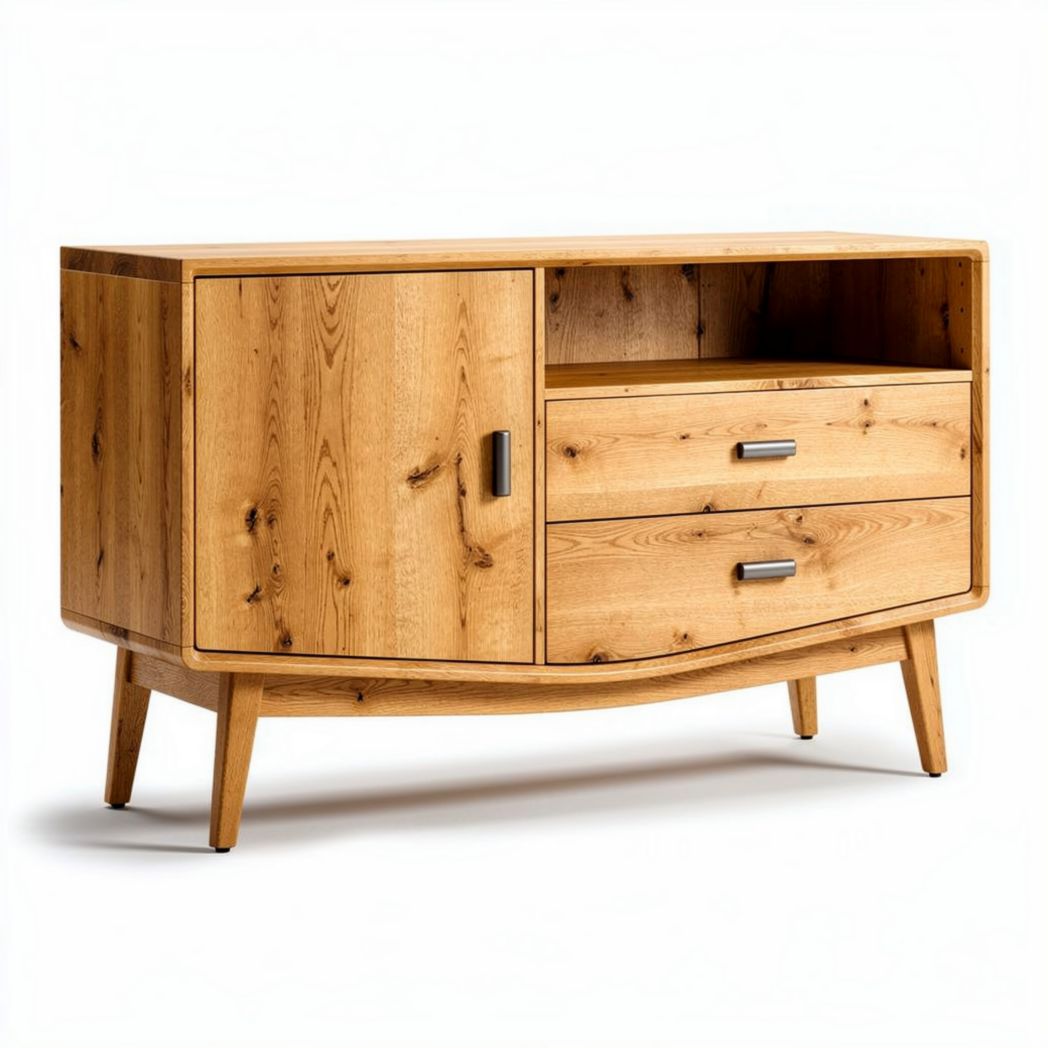 Meuble de rangement en bois naturel avec deux tiroirs et une étagère 150 x 50 x 75cm
