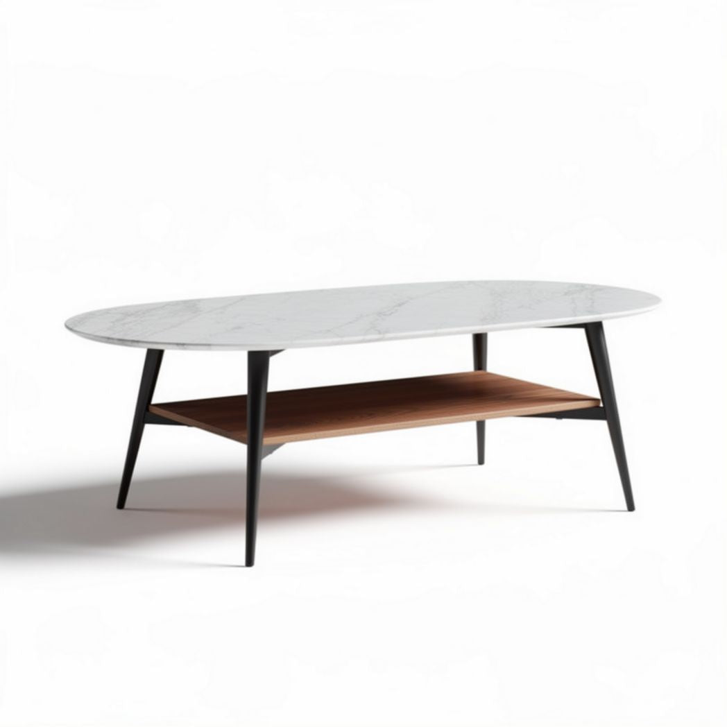 Table basse ovale en marbre et bois avec étagère inférieure 120 x 60 x 45cm